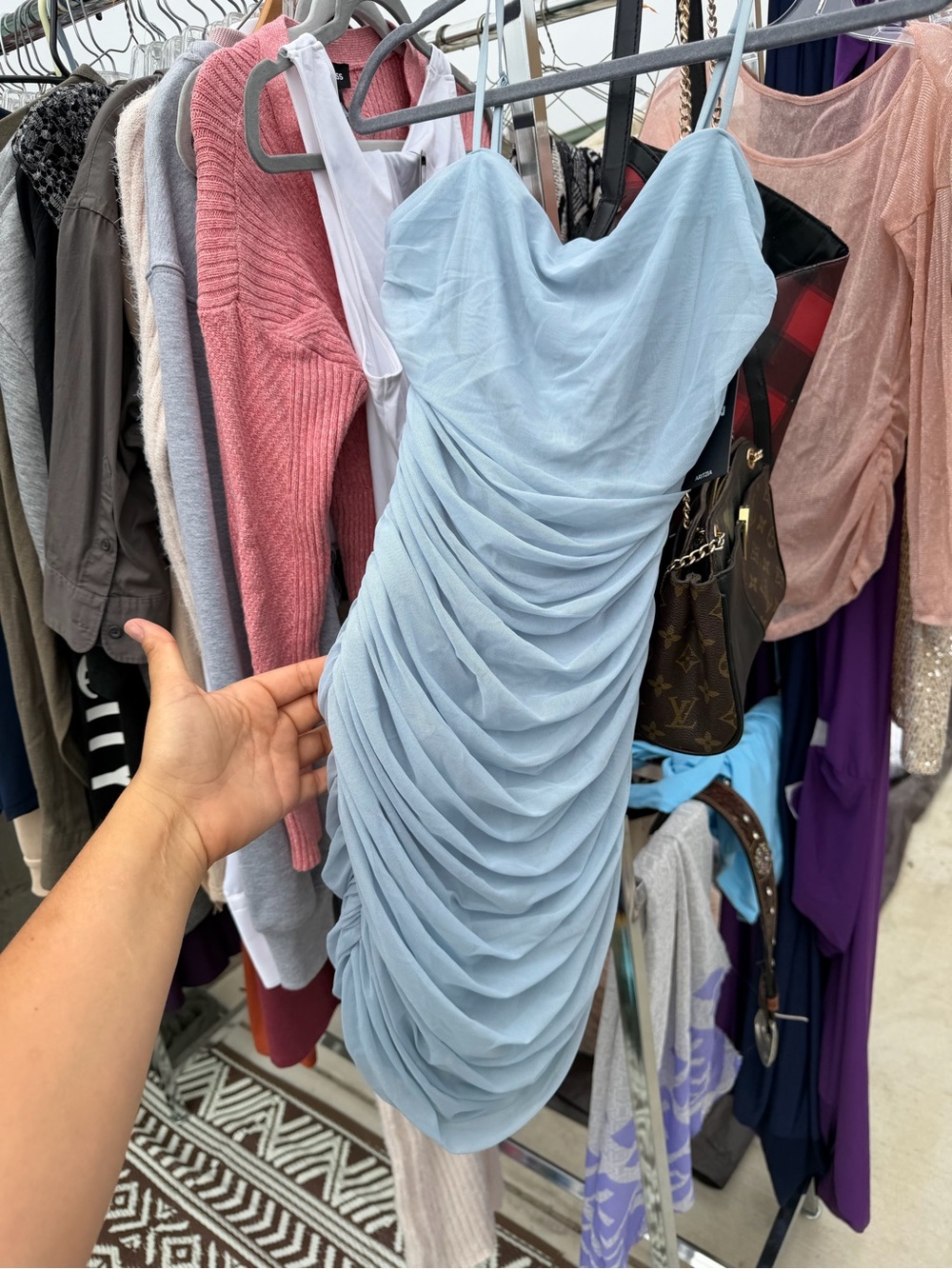 nomi Powder Blue Ruched Strapless Mini Dress